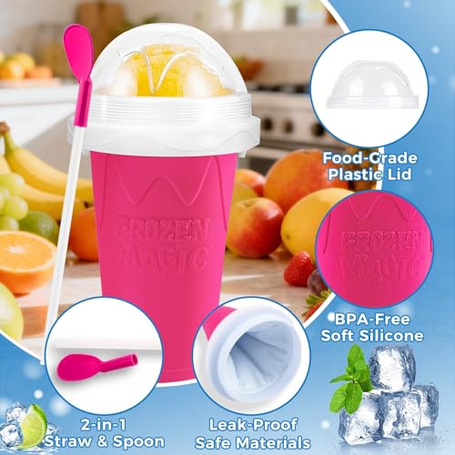 Image of FANS-ONE Slushie Cup, DIY Magic Slushy Maker Cup, Cool Stuff Things Gadgets for Juices Milk Yogurt Ice Cream Make, Quick Frozen Slushy Cups with Lids & Straw for Boys Girls Teens Kids, Pink