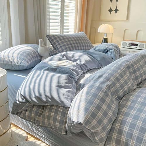 Image of Nayoroom Plaid Duvet Cover Queen Size Blue Checkered Gingham Duvet Cover 3 Pcs Reversible Vintage Grid Farmhouse Dorm Bedding Set Gifts for Women Men Soft Breathable Washed Microfiber