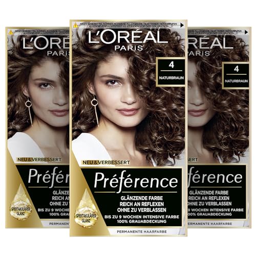 L'Oréal Paris Permanente Haarfarbe, Haarfärbeset mit Coloration und Farbglanz-Pflegebalsam, Préférence, 4 Naturbraun, 3er Set