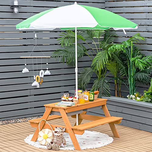 Honey Joy Kids Picnic Table, 4 In 1 Cedar Wooden Sand & Water Table W/ 2 Removable Box & Umbrella, Kids Picnic Tables For Outdoors Backyard Garden, Toddler Patio Furniture Set For Boys Girls(Natural) #TOP5