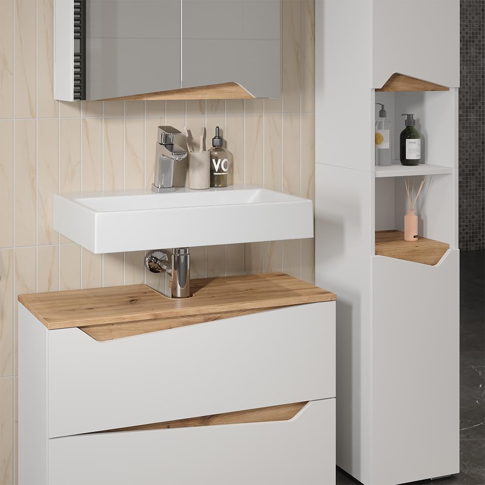 Vicco Badmöbel-Set Marelle, Weiß, 80 cm, besteht aus Waschbeckenunterschrank, Spiegelschrank und Hochschrank