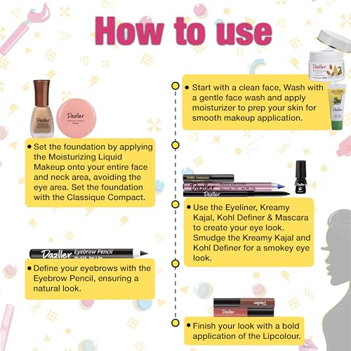 Image of Dazller Mini Glam Kit - 8 in 1, Fair Skin Tone, Contains - Kajal & Kohl, Eyebrow Pencil, Eyeliner, Mascara, Foundation, Compact, Lipcolour (2), 38.45g