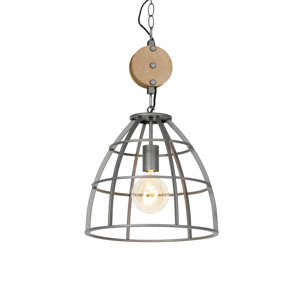 Qazqa Arthur Pendelleuchte – Industrie-Design, Dunkelgrau Mit Holz, 34 Cm, Dimmbar Für Wohnzimmer & Küche