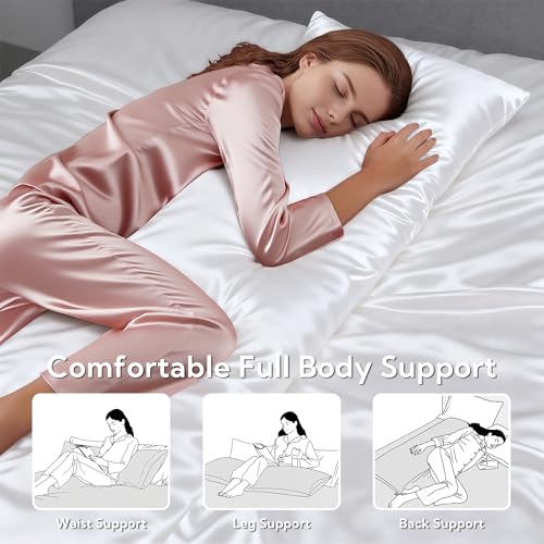 Image of MR&HM Satin Body Pillow Cover, Soft and Breathable Body Pillow Case with Envelope Closure, Cooling and Silky Long Pillowcase for Hair and Skin,Grey (20x54, White)