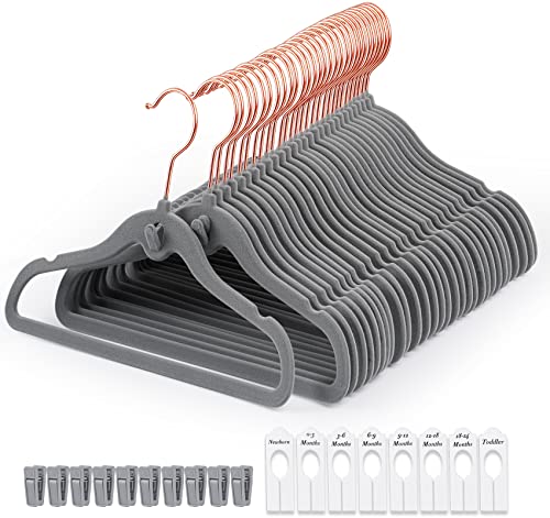 Image of [Updated Hanger] HOUÍSM Baby Hangers Velvet 60 Pack Non-Slip Kids Hangers with 10 Finger Clips + 8 Baby Closet Dividers, Casading Desing Ultimate Space Saving for Children's Closet Organization, Grey