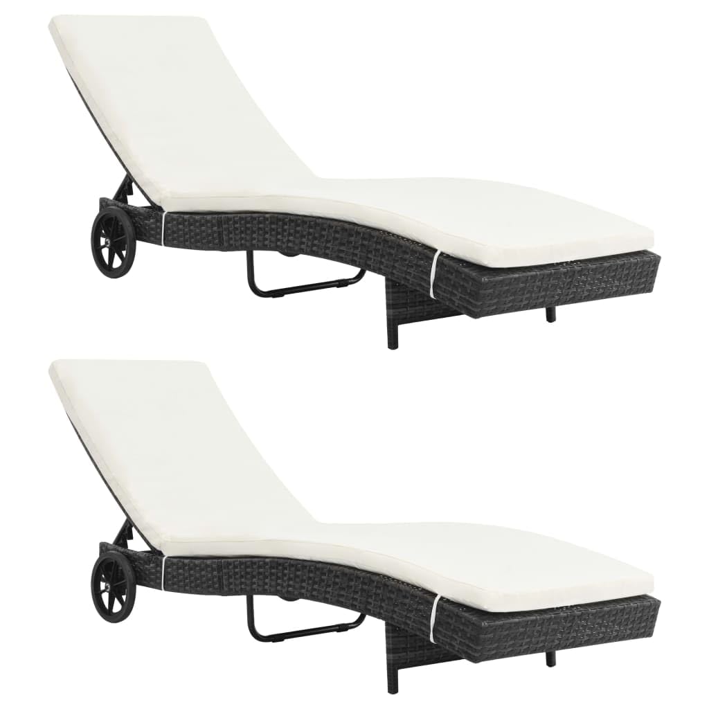 2 lettini prendisole con ruote e cuscini in rattan PE impermeabile, nero, schienale regolabile, telaio in acciaio verniciato a polvere, facile da pulire e stabile