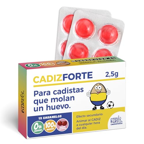 Caramelos de broma CÁDIZFORTE | Caja con 12 caramelos sin azúcar sabor cereza | Regalo divertido para cadistas con alegría | Detalle ideal para fans del Cádiz que no callan ni debajo del agua