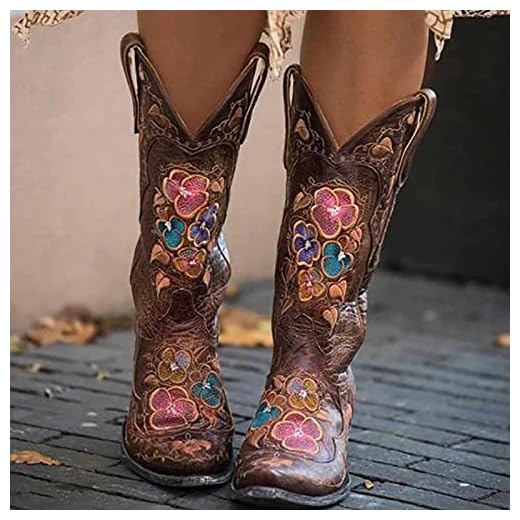 Western-stövlar för kvinnor, Vintage Chunky Heel Cowboy Cowgirl Mid Calf Boot, Winter Square Toe Brodery Riding Boots,Brown,41