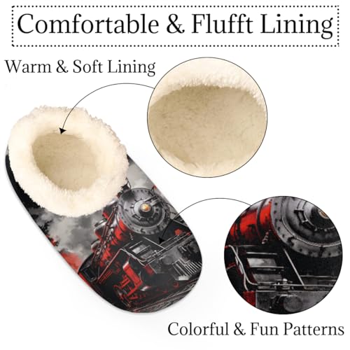 Vintage Steam Train Slippers for Women Men, Cool Train House Slippers Socks Warm Fuzzy Memory Foam Indoor Slippers Lightweight Cozy Anti-Skid Closed Back Home Shoes, Medium2