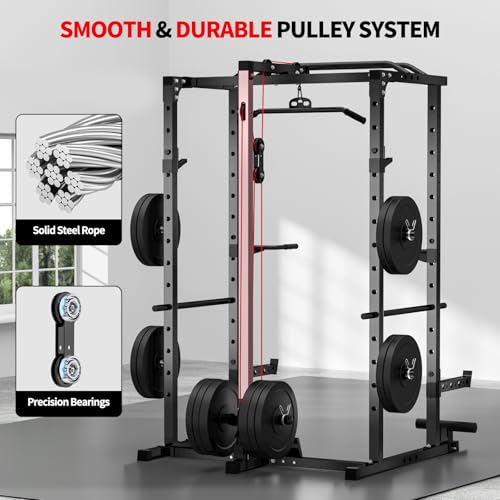 Image of JEEKEE Power Rack with LAT Pulldown, 2000LBS Power Cage with Cable System, Multi-Function Squat Rack with J-Hooks, Safety Bars, Landmine, Pull Up Bar & Attachments for Home Gym Strength Training,Black