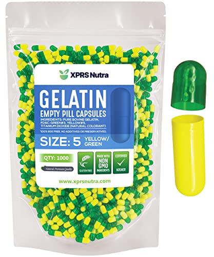Image of XPRS Nutra Size 5 Empty Capsules - 1000 Count Very Small Empty Gelatin Capsules - Pills DIY Capsule Filling - Fillable Pill Gel Caps for Do-It-Yourself Vitamin Supplements (Green /Yellow)