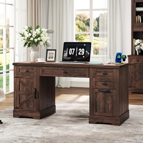 Squireewo 58'' Farmhouse Home Office Desk with Drawers, Wooden Executive Desk with Charging Station, File Drawers and Storage Cabinet, Computer Desk for Work, Study and Writing, Brown