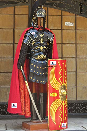 NauticalMart Roman Black Muscle Armor Cuirass Set W/Shoulders, Leg Guard, Roman Helmet, Chainmail, Roman Shield