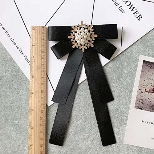 Image of Women Elegant Pearl Ribbon Bow tie Brooches Pin Jewelry Pre-Tied Collar Neck Tie Clip for Lady Girls Wedding Party
