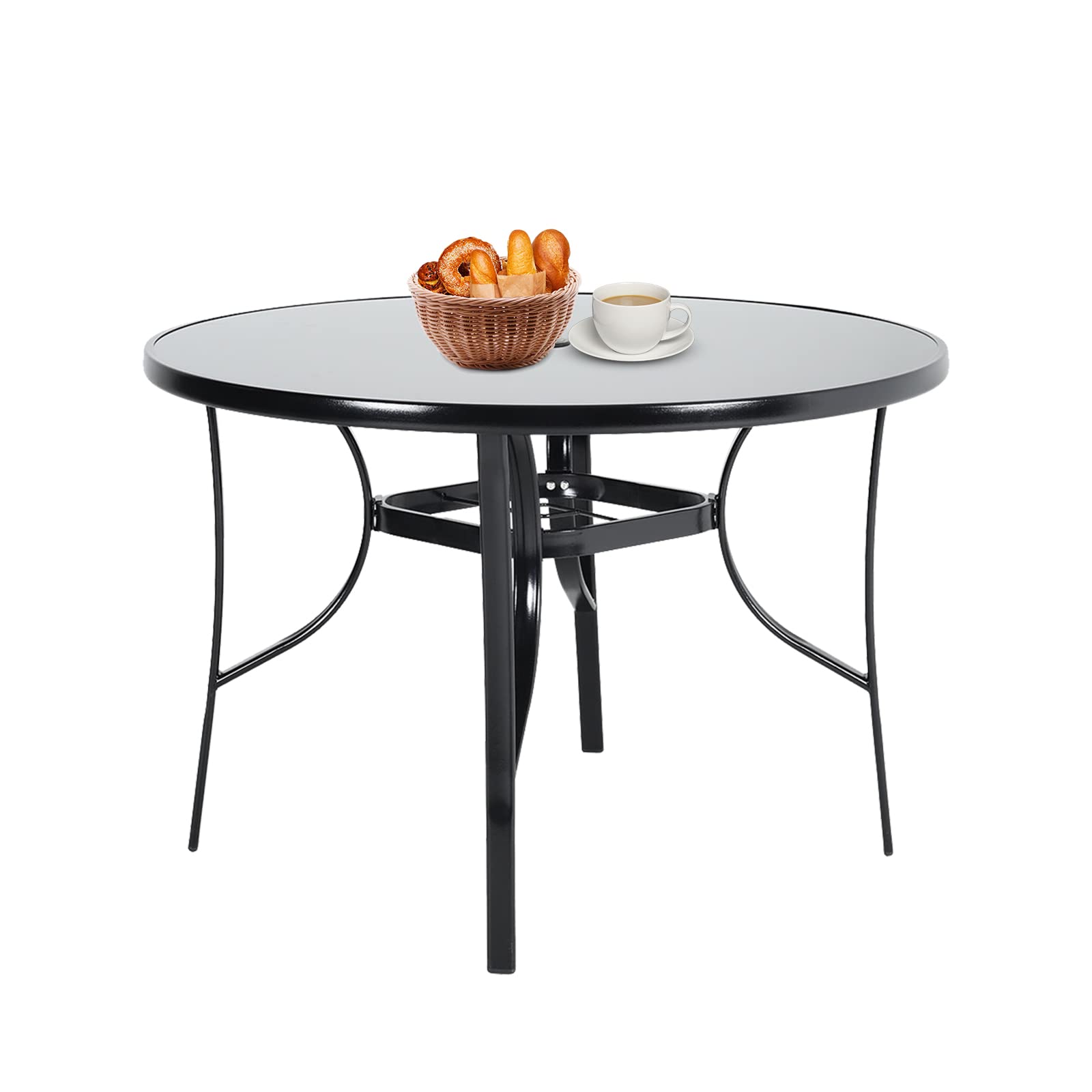 DKIEI Round Outdoor Table with Umbrella Hole Garden Dining Table Patio Table Black Finish Tempered Glass Top Bistro Table for Garden Patio Balcony Backyard, 105x105x72cm