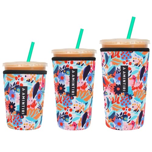 Image of 3 Pack Reusable Sleeve for Iced Coffee Cup, Coffee Neoprene Sleeve for Iced&Hot Drinks, Coffee Sleeve Compatible with Starbucks, Dunkin Coffee Cup. (Abstract Oil Flower)