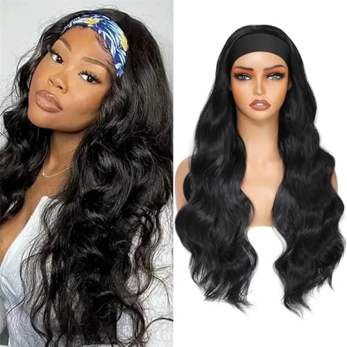 Yacurcur Glueless Headband Wig Long Black Body Wave Headband Wigs for Black Women Synthetic Natural Looking Wavy Wig Heat Resistant 180% Density (28inch 1B)