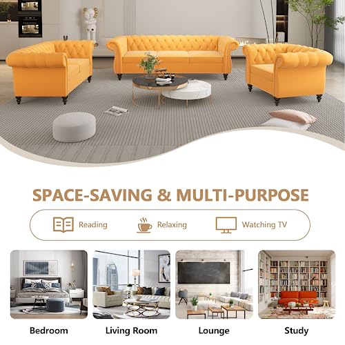 Image of QHITTY Accent Large Sofa, Chesterfield Couch 3 Seater Modern Velvet Couch Upholstered Sofa with Tufted Back for Living Room Furniture (Mango)