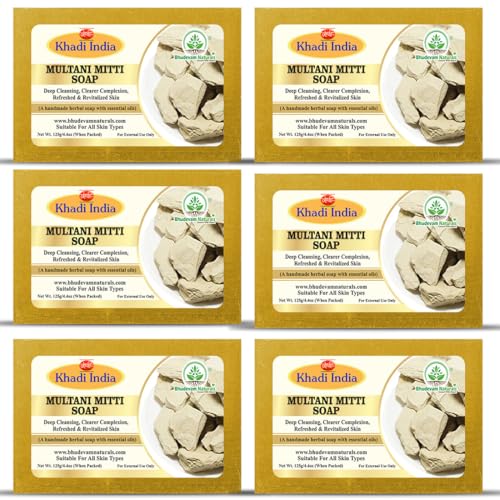 Image of Khadi Organic and Natural Multani Mitti Soap for Oily & Acne-Prone Skin | Deep Cleansing Herbal Bathing Bar with Fuller's Earth | Suitable for All Skin Types (Pack of 6)