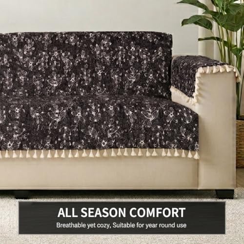 Image of STITCHNEST Woven Fabric Sofa Cover 3 Seater with 2 Hand Rest Covers - Washable Black Sofa Cover with Tassels - Durable Premium Fabric - Stylish Sofa Protector for Living Room & Furniture Decor