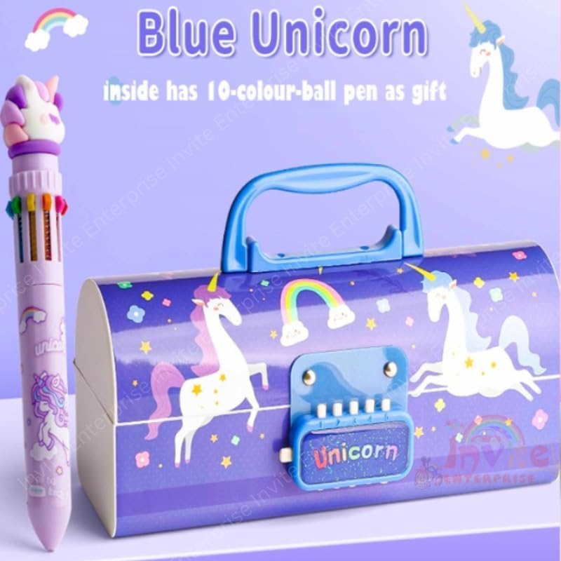 Image of WORSHIPER Cartoon Theme Pencil Box for Kids | Suitcase Style Password Lock Stationery Organizer | Multi-Layer Pen & Pencil Case for Boys & Girls (BUT - Blue Unicorn)