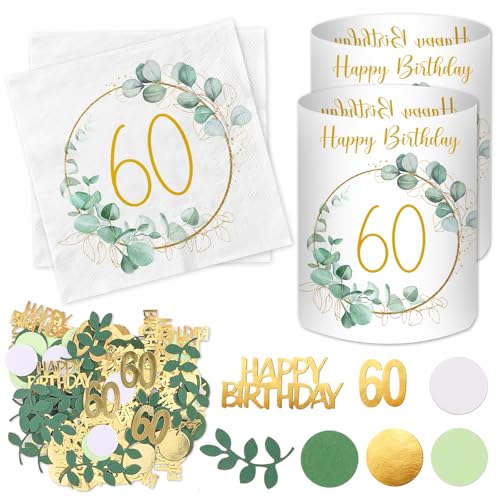 20 Stück Servietten 60 Geburtstag+ 12 Windlicht Tischdeko + 100 Konfetti 60.TER Grün Deko 60. Geburtstag Frau Mann Eukalyptus Tisch Deko 60 Jahre
