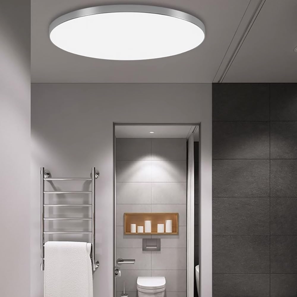 Ultra Cienka LED Lampy Sufitowa, Plafon Okrągły Płaski Panel Minimalistyczny Uszczelniony Montaż Natynkowy Nowoczesny do Sypialnia Łazienka Balkon Oświetlenie Sufitowe(Silver(6000K),27cm/10.62in)