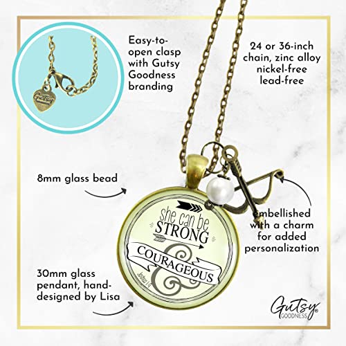 Faith Necklace Be Strong And Courageous Jewelry For Women 24" Chain - Handmade Religious Bible Verse Christian Vintage Pendant, Bronze Bow Arrow Charm, Gift Packaged Theme Message Card & Box #TOP4