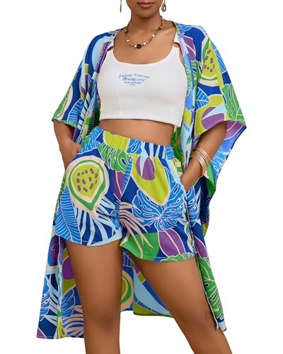 Bsubseach Two Piece Sets for Women Summer Kimono Cardigan and Shorts Set Tropical Print Beach Cover Up Vacation Outfits