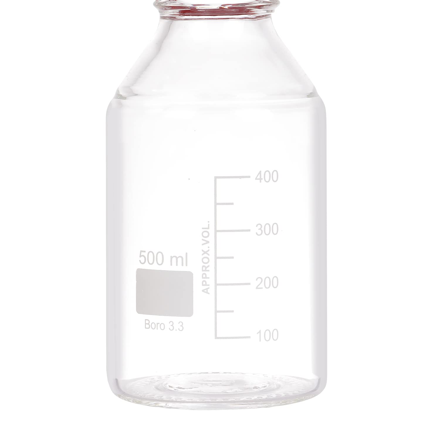 4 botellas de laboratorio redondas graduadas de 500 ml con tapa de rosca roja GL45 PBT, vidrio transparente de borosilicato 3.3