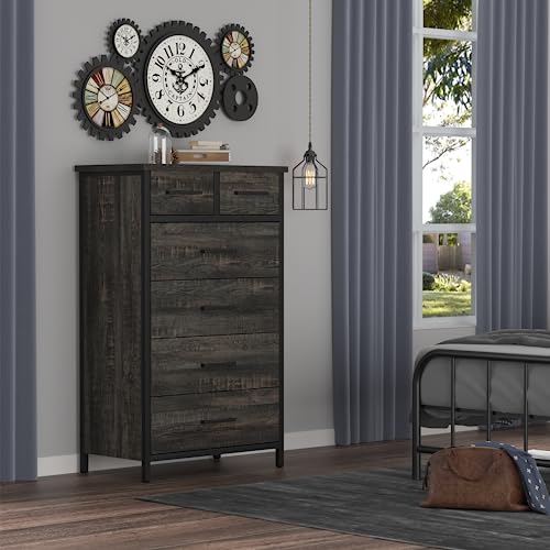 Ikeno 6 Drawer Tall Dresser With Sturdy Metal Frame, Industrial Vintage Drawer Chest, Farmhouse Wood Rustic Clothes Storage Cabinet For Bedroom Living Room Hallway Office (Dark Rustic Oak) #TOP2