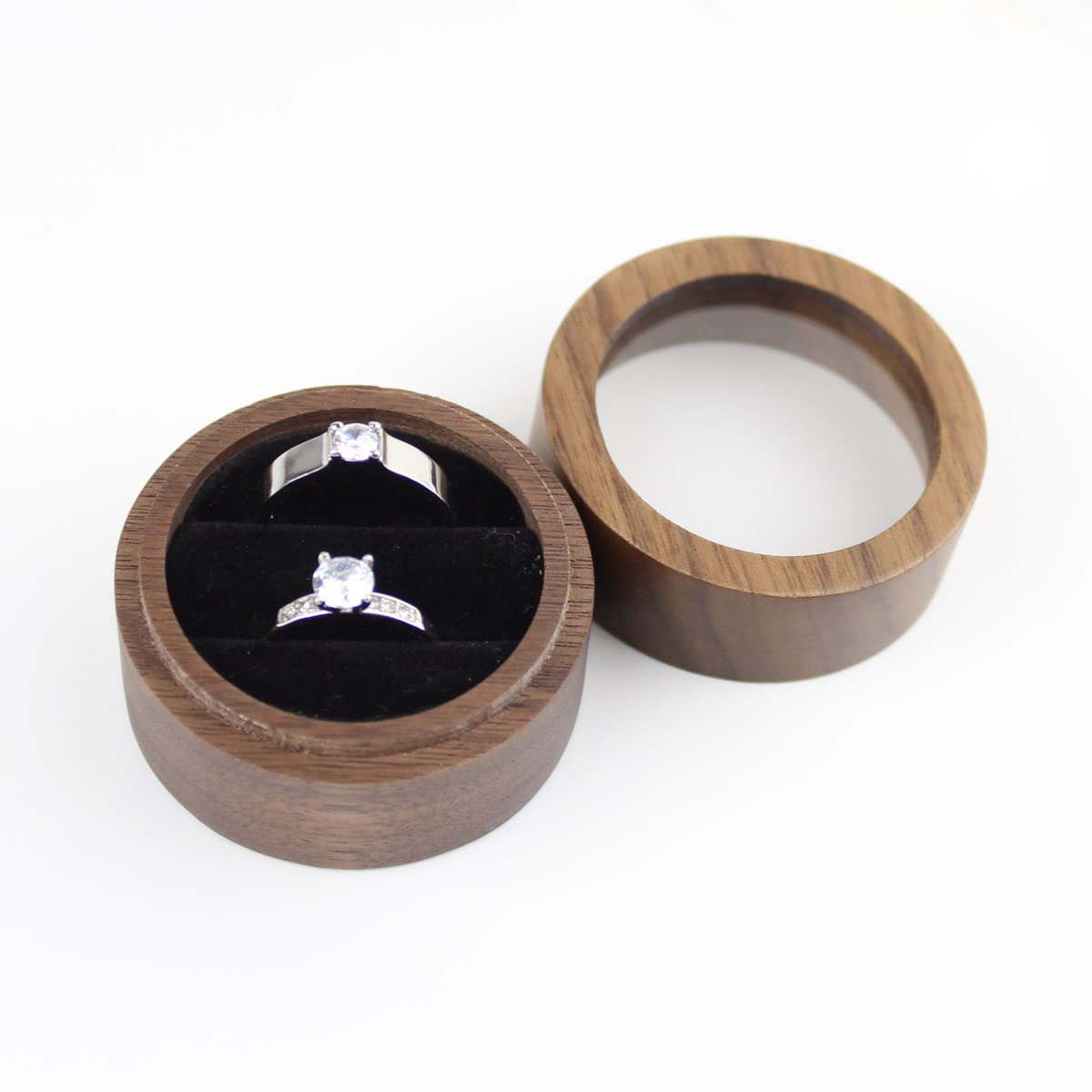 DSHOM Round Wooden Jewelry Ring Box Transparent Lid Couple Rings Box for Engagement Wedding Box Two Slots Black Velvet