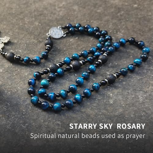 rosary beads catholic for men,Rosary Necklace for men with medal & cross,Handmade Blue Tiger Eye Beads Our Lady of Grace Rosary Cross Necklace Catholic Gifts3