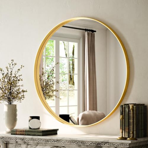 VooBang Round Bathroom Mirror 30 inch, Gold Gorgeous Deep Frame Wall Mirror, Modern Round Bathroom Vanity Mirror for Bedroom, Living Room, Hanging or Leaning, Gold