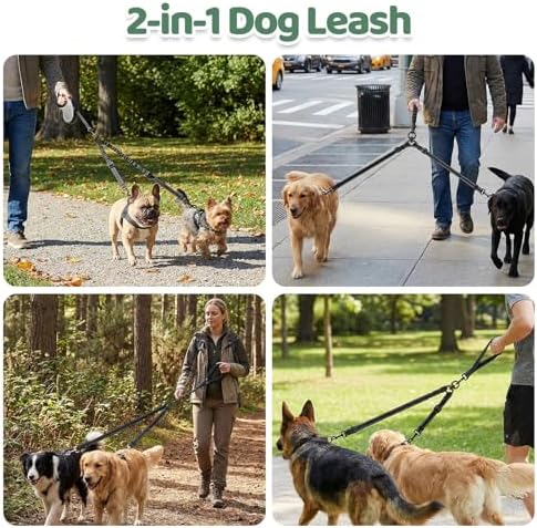 LEOSASA Double Dog Leash for 2 Dogs - No Tangle 360°Swivel Splitter with Reflective Stitching, Adjustable Length and Stretchy Shock-Absorbing Comfort, for Small/Medium Dogs Walking Training (L（2.5cm）) — view 5