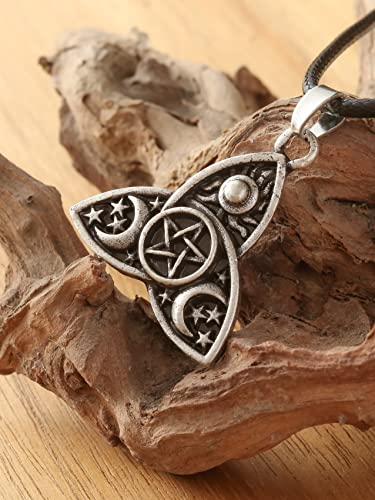 Haquil Wiccan Necklace, Triple Moon Goddess Sun Star Pentagram Triquetra Pendant, Faux Leather Cord #TOP4