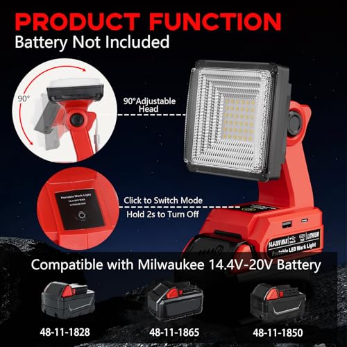 Image of 1500LM LED Work Light for Milwaukee M18 18V Battery, 25W Portable Flood Light with USB & Type-C Ports, 90 Rotatable Head Cordless LED Light for Emergency, Workshop, Indoor and Outdoor Use (Tool Only)