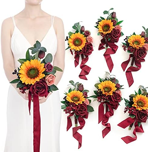 Ling's Moment Set of 6 Sunflower & Burgundy Bridesmaid Bouquet Wedding Bouquet for Bridesmaids Posy Bouquet for Bridal Shower Bridal Party Photography Wedding Ceremony