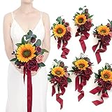 Ling's moment Artificial Flowers Sunflower Bridesmaid Bouquet Set of 6, Burgundy & Sunflower Wedding Flowers Bouquets for Bridesmaids, 7 Inch Bridal Bouquets for Bridesmaids, Wedding, etc