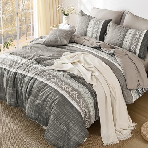 Image of Dintszyayue Taupe King Comforter Size Set, 8 Pieces Striped Texture Bed in a Bag Bedding Sets, Lightweight Soft Comforter and Sheet Set, All Season Microfiber Teen Boys Bedding Sets for Men Women