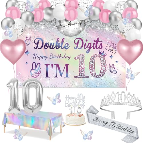 10th Birthday Decorations for Girls 49pcs Silver Dazzle Double Digits Banner Iridescence Tablecloth Sash Tiara Butterfly Decor Happy 10th Birthday Cake Topper Candles Balloons Arch