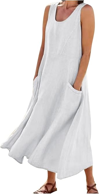 Plus Size Cotton Linen Summer Dresses for Curvy Women 2025 Sleeveless Maxi Vacation Beach Sundresses with Pockets