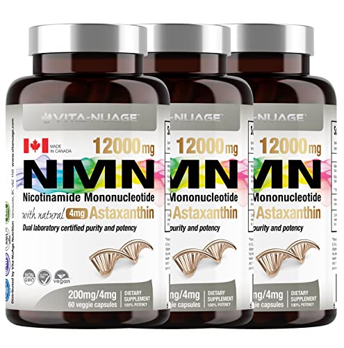 Vita-Age NMN Lab Tested 374mg Serving with 8mg Astaxanthin (Highest Purity Nicotinamide Mononucleotide) Boost NAD+ Support Metabolism (160mg Per Cap, 3 x NMN 60 Capsules) Dual Ingredients