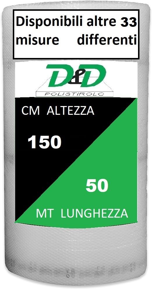 D. & D. Polistirolo Pluriball per Imballaggio e Spedizioni – Made in Italy– Bolle Aria per Protezione, Imbottitura, Confezionamento di Oggetti nel Trasporto (H 150 cm x 50 mt/l)