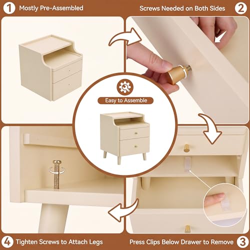 Image of Nightstand Set of 2, Pre-Assembled, 19.7 inchH Solid Wood Night Stand with 2 Drawers, Open Sliding Shelf, Mid Century Modern Small Bedside Table for Bedroom, Cream 16 inch