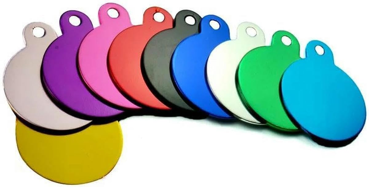 Lot de 100 étiquettes rondes en aluminium pour animaux de compagnie, personnalisables, pour identification de chien, en fourrure, vierges, avec nom et adresse, numéro de téléphone, gravées sur mesure