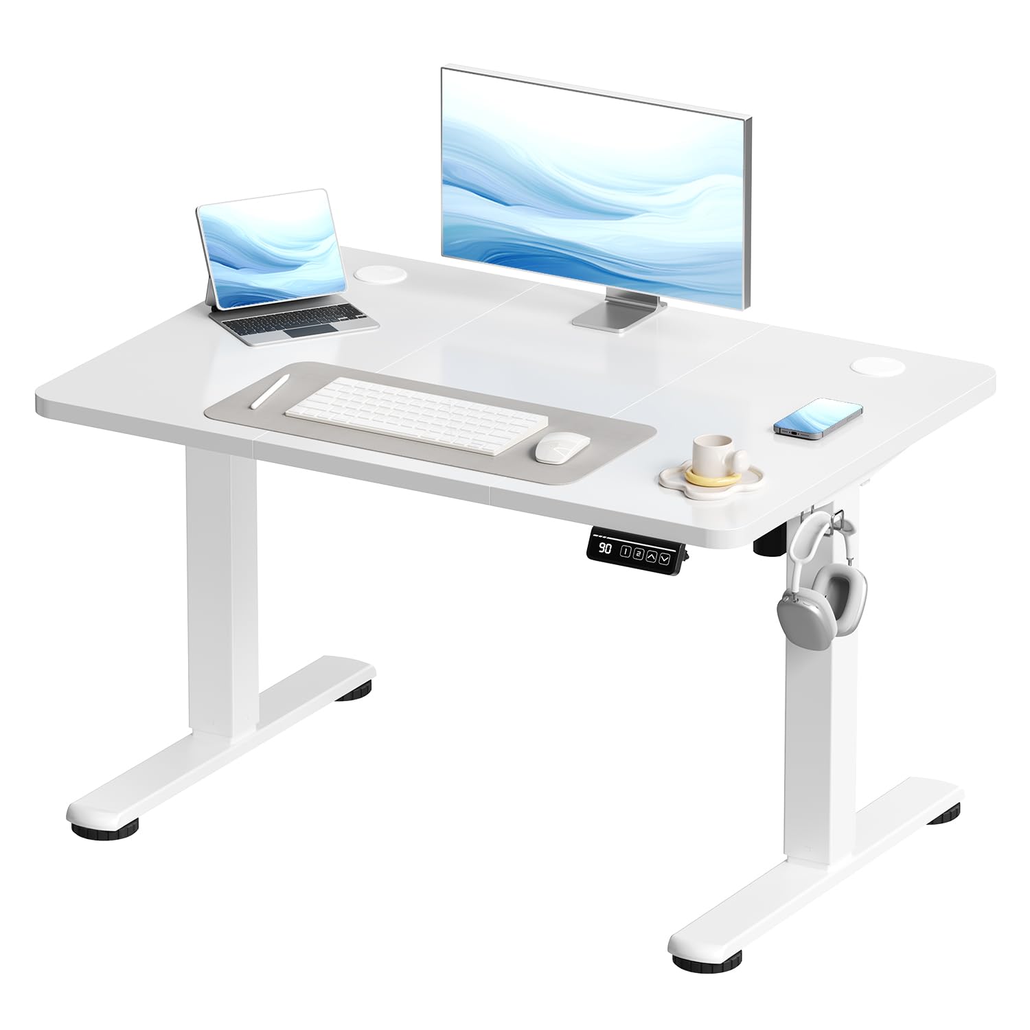 Devoko Electric Standing Desk 100x60cm Sit Stand Table Height Adjustable Desk with Backpack Hook and Memory Smart Pannel, Home OfficeTable with Splice Board, White