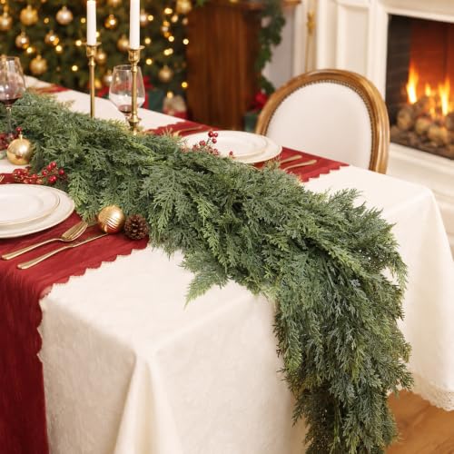 9FT Christmas Cedar Garland, Real Touch Soft Greenery Christmas Decorations | Realistic Thick Full Lush Artificial Pine Winter Garland for Mantle, Stairs, Table, Window, Front Door, Indoor Home Decor - image 4