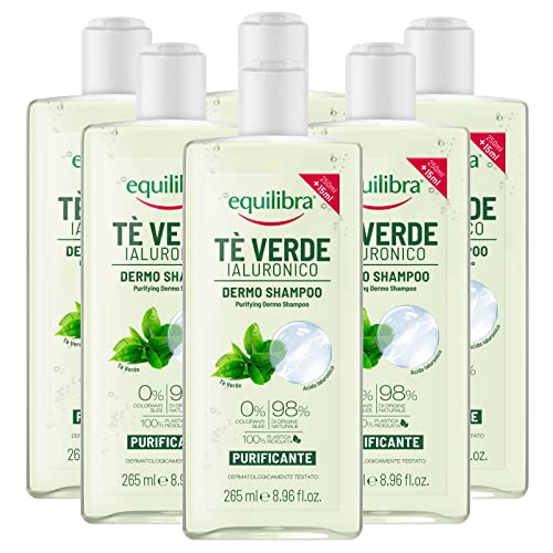 Equilibra Tè Verde Ialuronico Dermo Shampoo Purificante per Capelli Normali e Grassi Sapone con Bergamotto Azione Antiossidante - 6 Flaconi da 265ml