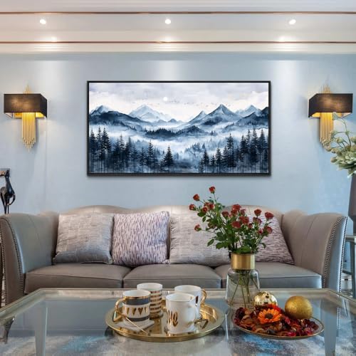 ERQINHUA Black Framed Canvas Wall Art For Bedroom Large Wall Decorations For Living Room Modern Office Mural Misty and Fog Forest Painting Mountain Landscape Pictures Artworks Home Decor 20x40 In